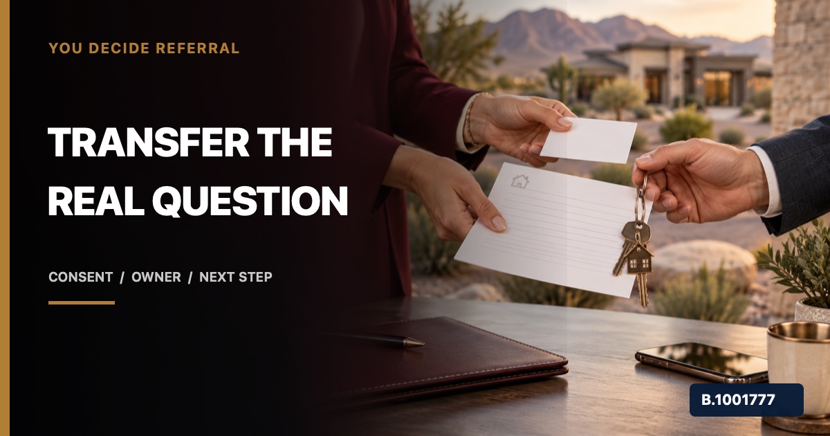 Two real estate professionals handing off a consent card, property question sheet, and house key, marked Nevada Broker B.1001777