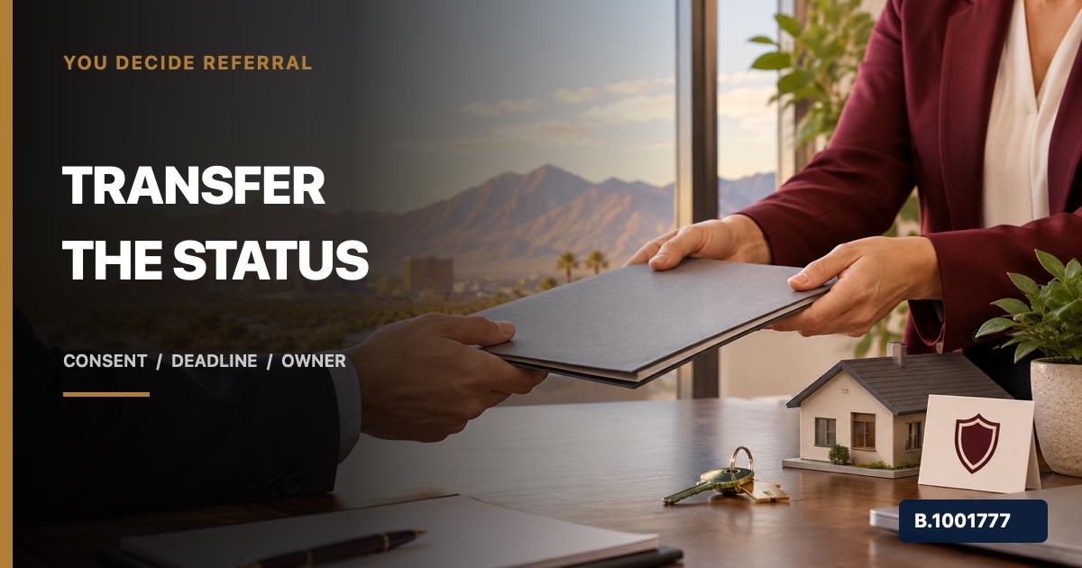 Nevada real-estate professionals transferring a concise earthquake-insurance status folder, marked Nevada Broker B.1001777