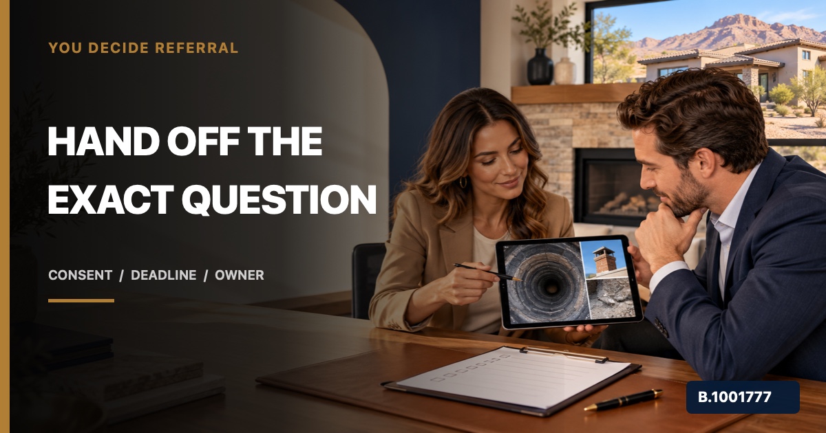 Two real estate professionals reviewing a fireplace inspection image and blank handoff card, marked Nevada Broker B.1001777