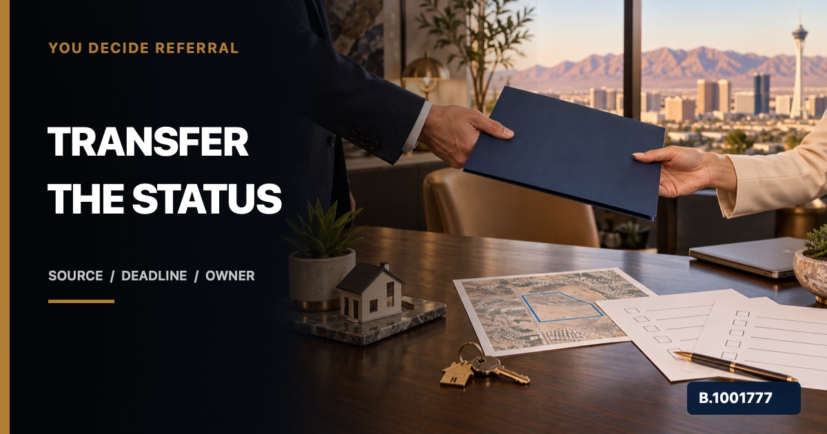 Nevada real-estate professionals transferring a blank property folder beside a flood map and house key, marked Nevada Broker B.1001777