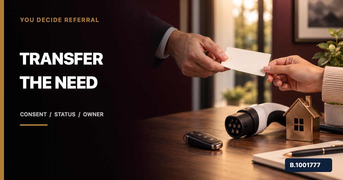 Real-estate professionals transferring a concise home EV-charging status card beside a car key and charging icon, marked Nevada Broker B.1001777