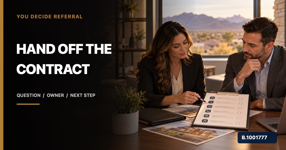 Real estate professionals coordinating a client handoff for home service contract, inspection, claim, and expiration questions, marked Nevada Broker B.1001777
