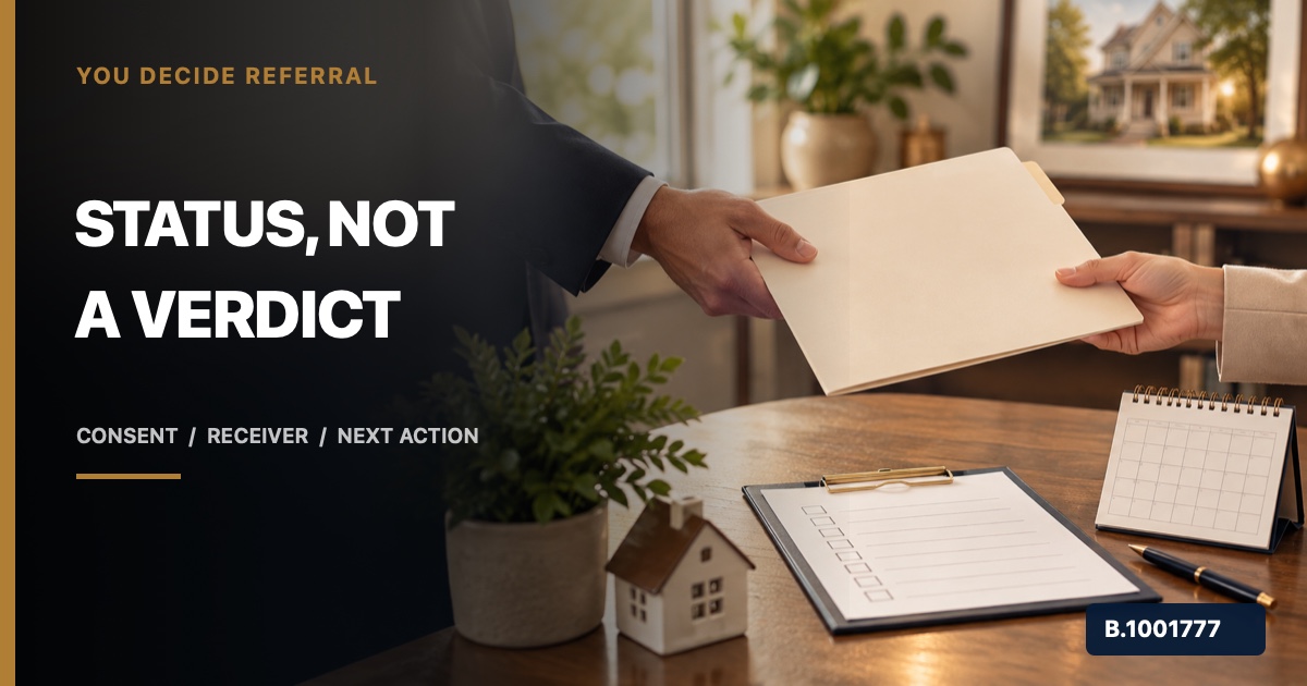Professional hands transferring a blank client folder beside an older-home checklist and calendar, marked Nevada Broker B.1001777