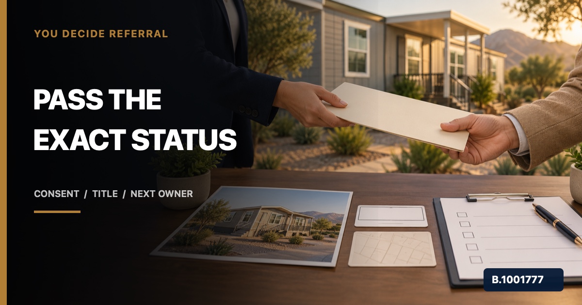 Professionals transferring a blank manufactured-home question folder beside serial, parcel, and consent cards, marked Nevada Broker B.1001777