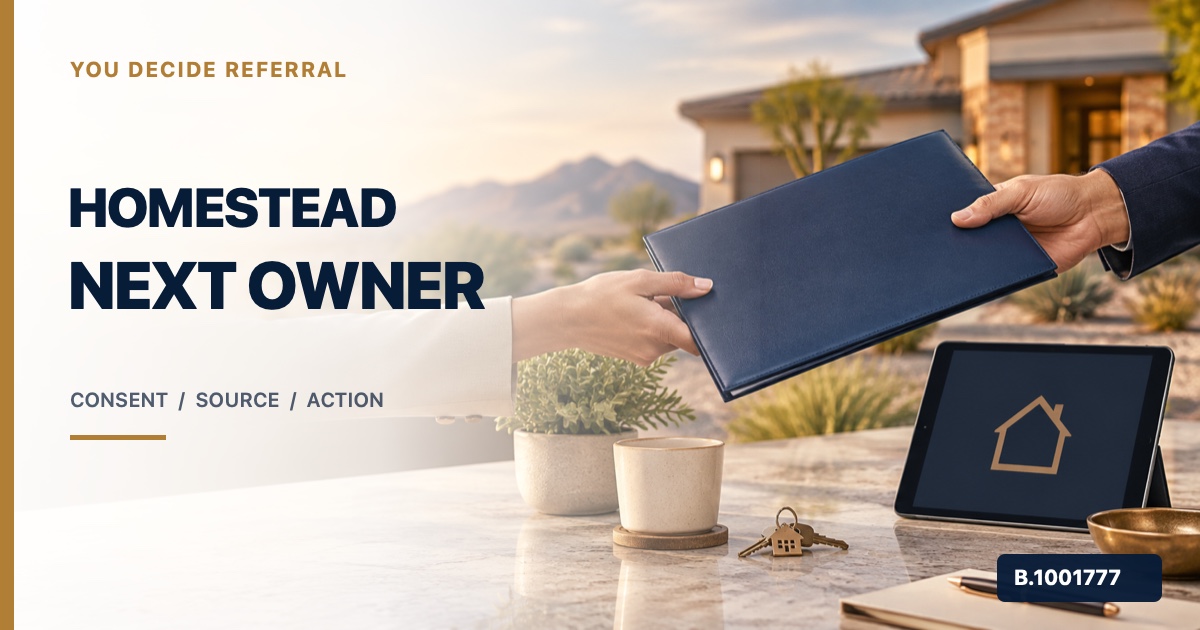 Professional folder handoff beside a Southern Nevada home with Homestead Next Step text and broker license B.1001777