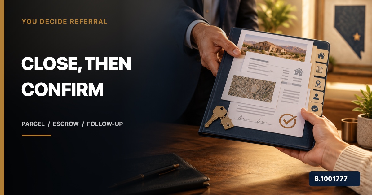 Professionals transferring a Nevada closing folder with parcel, property-tax bill, escrow status, consent, acknowledgment, and key, marked Nevada Broker B.1001777