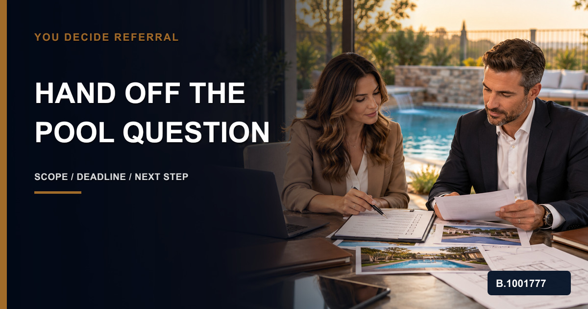 Two real estate professionals coordinating a pool inspection report, barrier question, deadline, and next action, marked Nevada Broker B.1001777