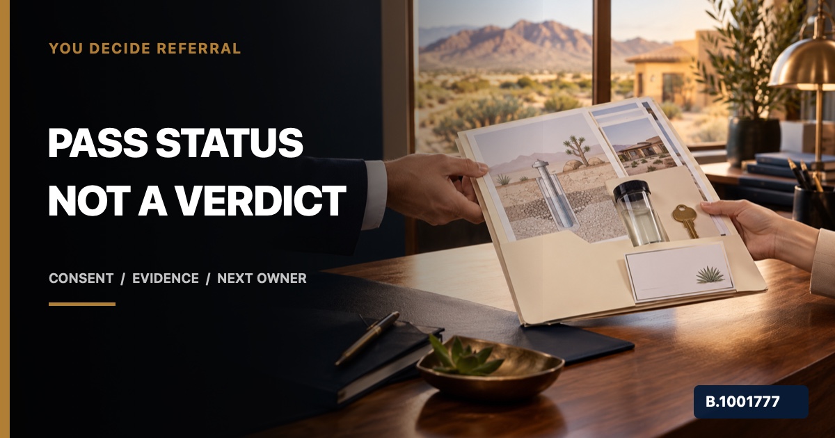 Professionals transferring a Nevada private-well property folder with diagram, sample vial, service pages, and key, marked Nevada Broker B.1001777
