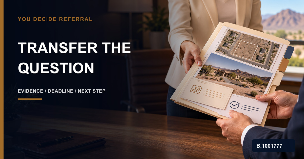 Referral professional handing off a property-line question with parcel reference, photos, deadline, licensed surveyor lookup, and accepted next step, marked Nevada Broker B.1001777