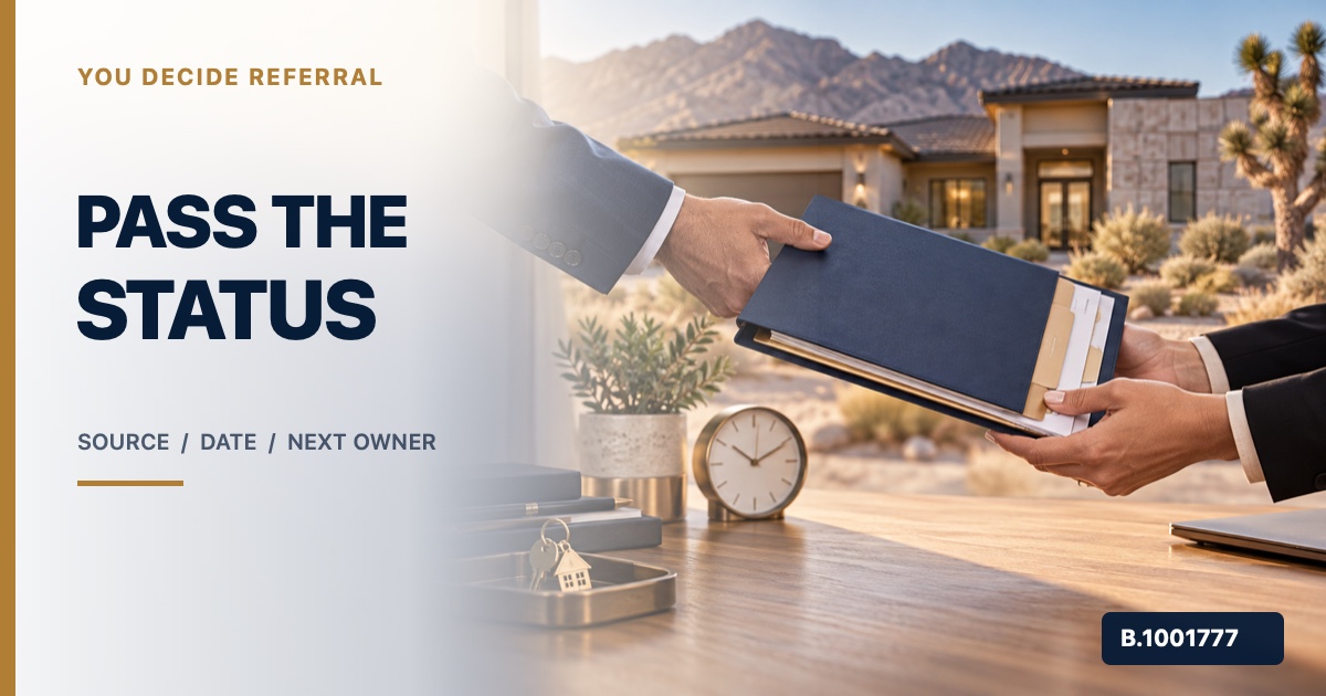 Professional handoff of an organized financing-status folder and clock with Pass the Status text and Nevada broker license B.1001777