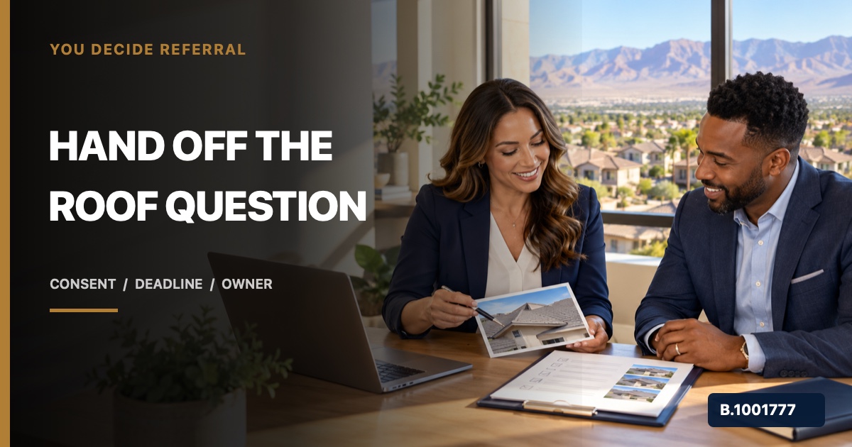 Two real estate professionals reviewing a roof-inspection handoff note and house photo, marked Nevada Broker B.1001777