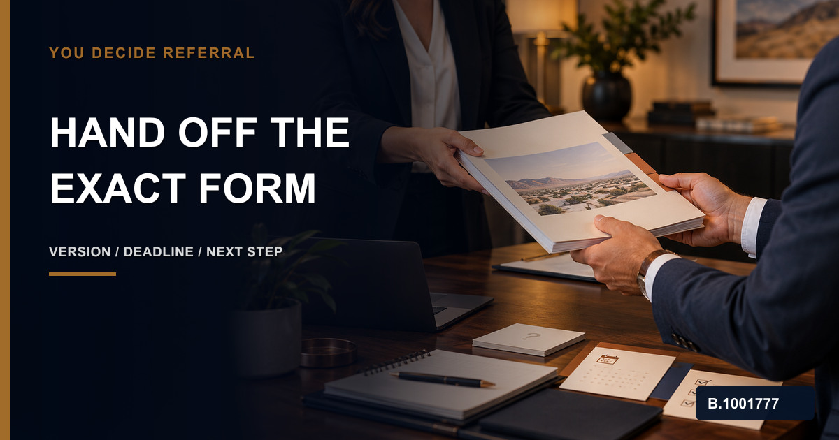 Two real estate professionals transferring a seller disclosure form, receipt record, client question, deadline, and acknowledged next action, marked Nevada Broker B.1001777