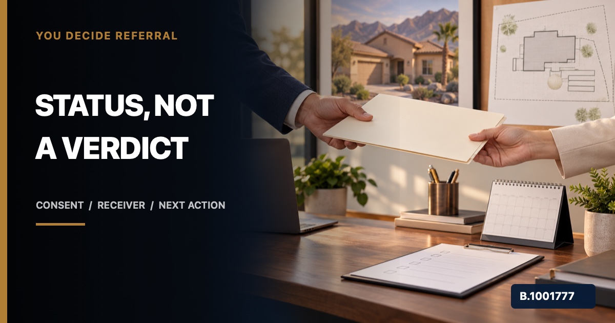 Professional hands transferring a blank septic-property status folder beside a calendar and checklist, marked Nevada Broker B.1001777