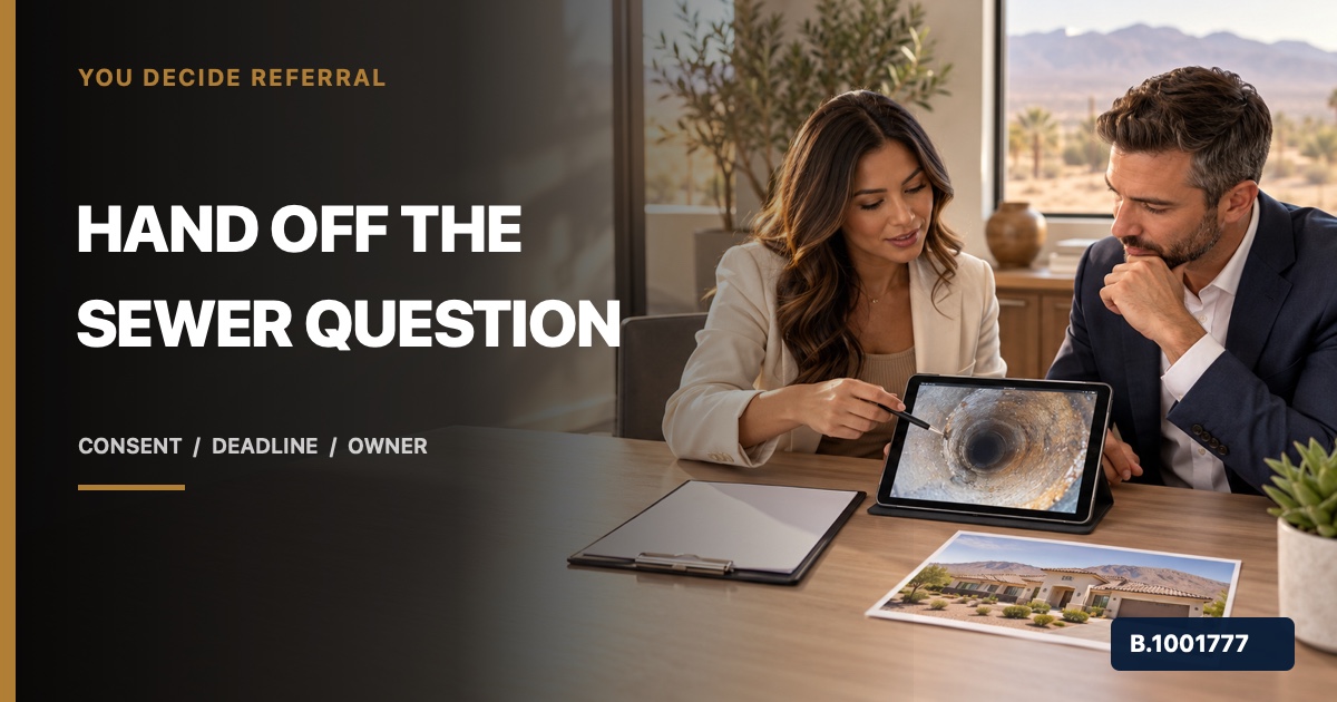 Two real estate professionals reviewing a sewer-scope image and blank handoff checklist, marked Nevada Broker B.1001777