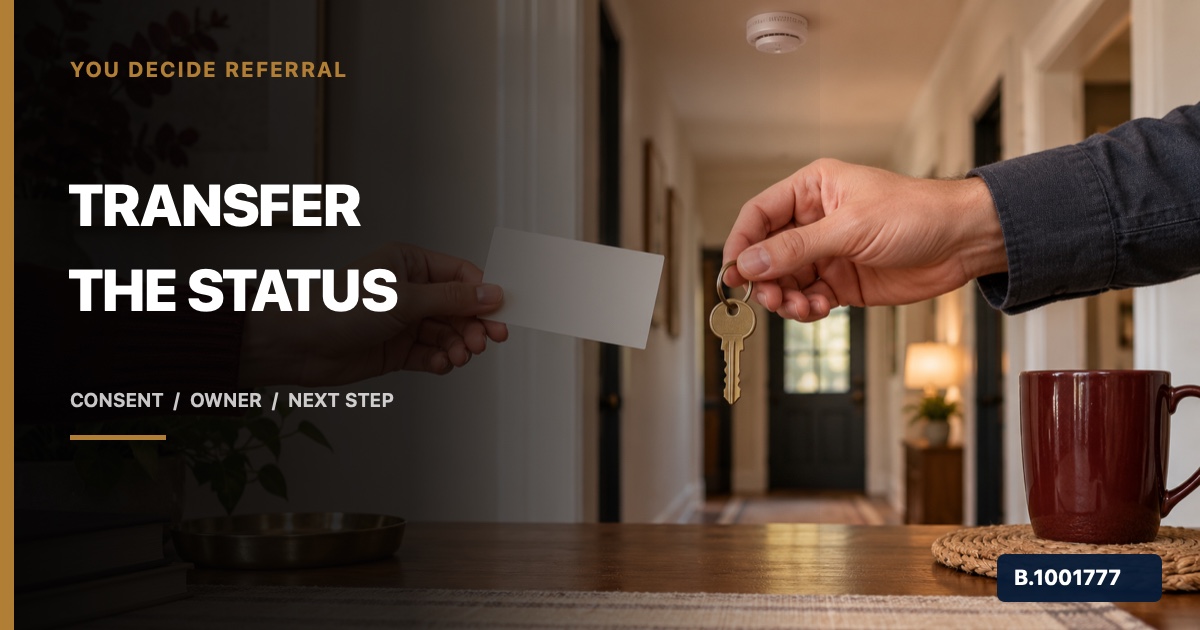 Professional handoff of a blank status card and house key with a home smoke alarm visible in the hallway, marked Nevada Broker B.1001777