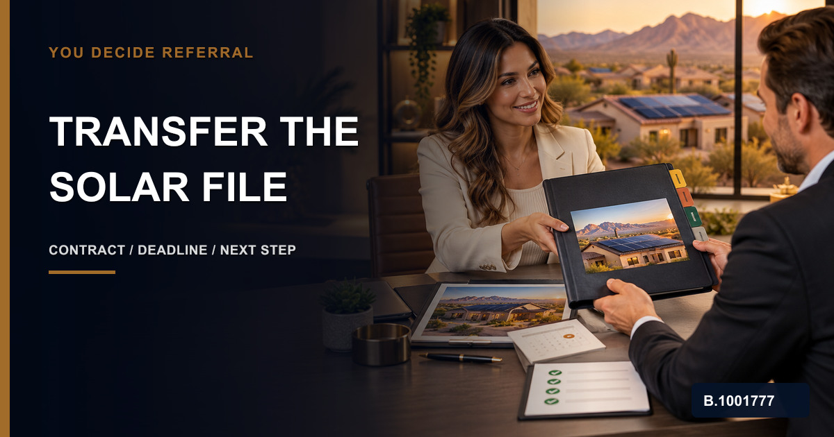 Referral professionals transferring rooftop solar ownership, contract, roof and utility evidence, decision deadline, and accepted next action, marked Nevada Broker B.1001777