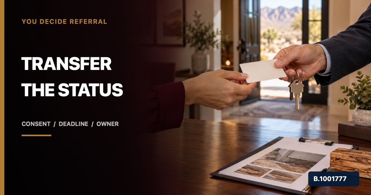 Professional referral handoff of a blank status card and house key beside a pest inspection report and wood sample, marked Nevada Broker B.1001777