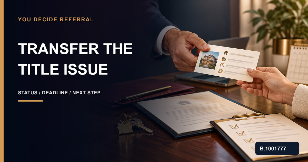 Referral professionals handing off a title or lien question with document status, decision date, qualified receiver and accepted next action, marked Nevada Broker B.1001777