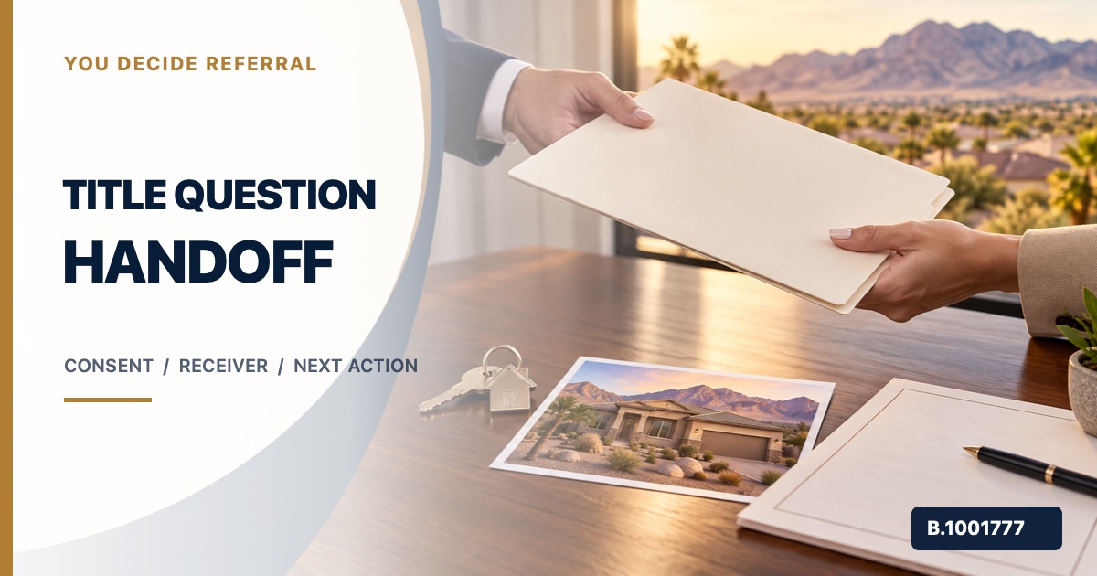 Professional hands passing a closing folder beside keys and a Nevada home image with Title Question Handoff text and Nevada broker license B.1001777