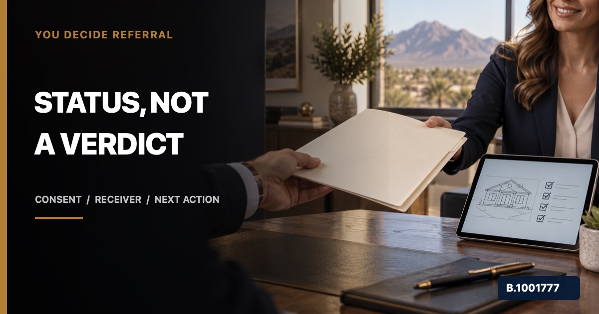 Real-estate professionals transferring a blank permit-status folder and property checklist, marked Nevada Broker B.1001777
