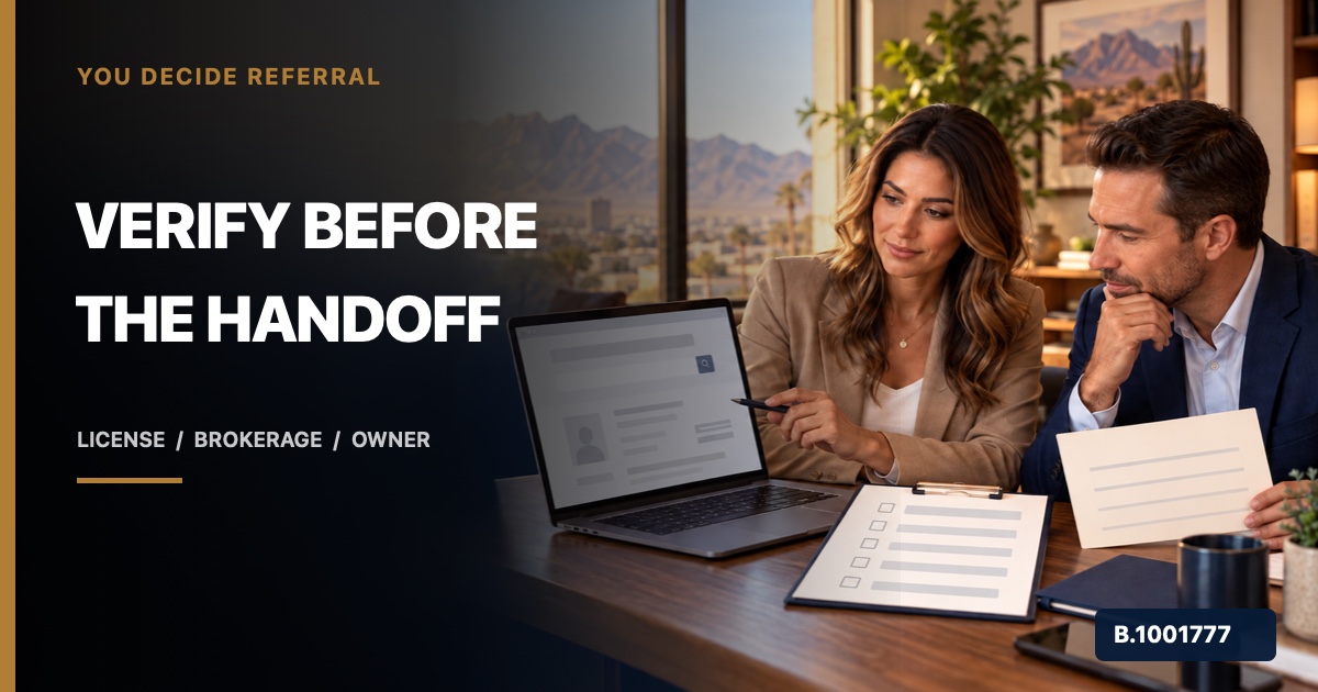 Real estate professionals reviewing identity, contact, and payment-change controls before a client referral handoff, marked Nevada Broker B.1001777