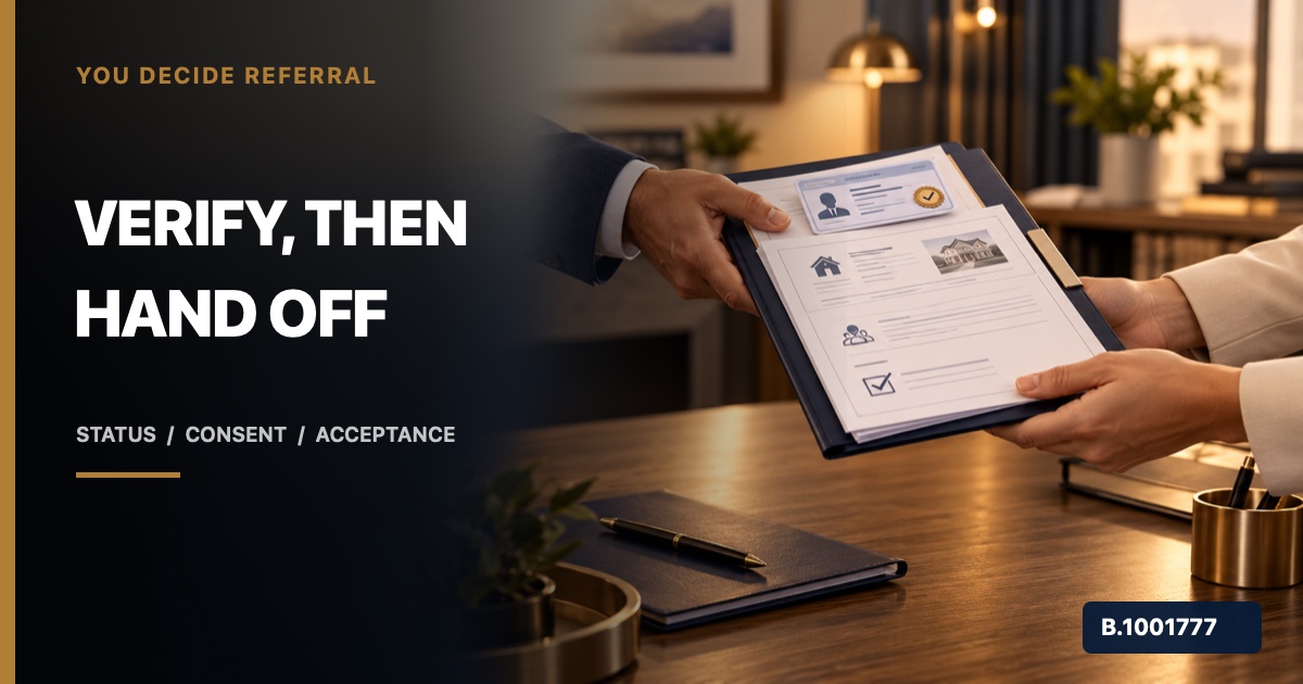 Two real estate professionals verifying a Nevada license and brokerage before transferring a consented client handoff, marked Nevada Broker B.1001777